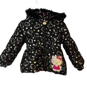 Hello Kitty Puffer Jacket Girls Toddler Size 2 Black Metallic Faux Fir Hood Kitt